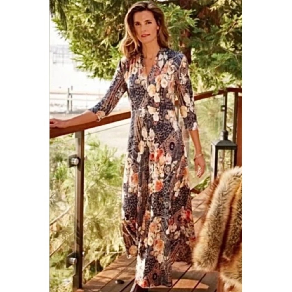 Soft Surroundings Adamaris Dress Womens XL Floral Mandala Midi V-Neck Boho Artsy